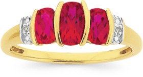 9ct+Gold+Created+Ruby+%26amp%3B+Diamond+Cushion+Trilogy+Ring