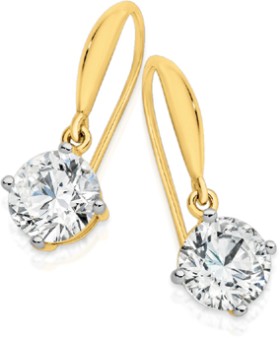 9ct+Gold+Cubic+Zirconia+7mm+Round+Hook+Earrings