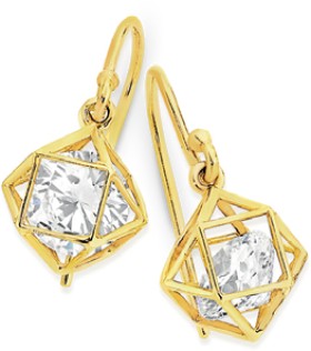 9ct+Gold+Cubic+Zirconia+Prism+Hook+Drop+Earrings