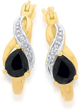 9ct-Gold-Sapphire-Diamond-Pear-Shape-Hoop-Earrings on sale