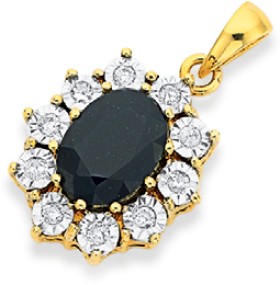 9ct+Gold+Black+Sapphire+%26amp%3B+Diamond+Oval+Pendant