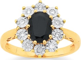 9ct-Gold-Black-Sapphire-Diamond-Oval-Royal-Ring on sale