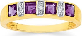 9ct+Gold+Amethyst+%26amp%3B+Diamond+Princess+Cut+Band