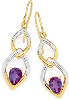 9ct+Gold+2+Tone+Amethyst+Hollow+Hook+Earrings