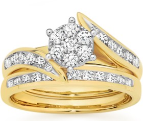 9ct+Gold+Diamond+Cluster+Bridal+Set