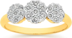 9ct+Gold+Diamond+Cluster+Trilogy+Ring