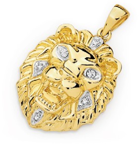 9ct+Two+Tone+Lion+Head+Gents+Pendant+with+Diamonds