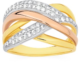 9ct+Gold+Tri+Tone+Diamond+Pave+Crossover+Dress+Ring