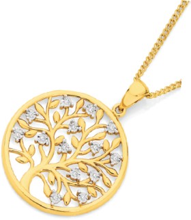 9ct+Gold+Diamond+Tree+of+Life+in+Circle+Pendant