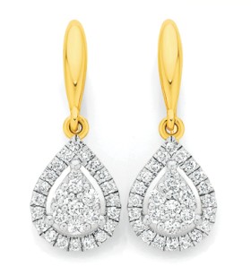 9ct+Gold+Diamond+Cluster+Pear+Drop+Hook+Earrings