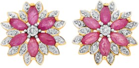 9ct+Gold+Natural+Ruby+and+Diamond+Flower+Stud+Earrings