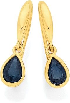 9ct+Gold+Natural+Sapphire+Pear+Hook+Earrings