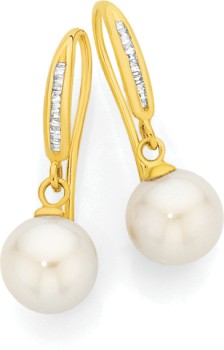 9ct+Gold+Cultured+Freshwater+Pearl+%26amp%3B+Diamond+Hook+Earrings