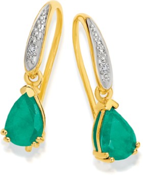 9ct+Gold+Emerald+%26amp%3B+Diamond+Pear+Hook+Earrings