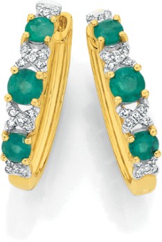 9ct+Gold+Emerald+%26amp%3B+Diamond+Kiss+Huggie+Earrings