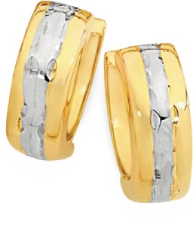 9ct+Gold+Two+Tone+10mm+Diamond-Cut+Stripe+Huggie+Earrings