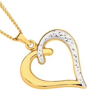 9ct+Gold+Two+Tone+Diamond-Cut+Heart+Pendant