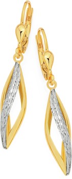 9ct+Two+Tone+Gold+Diamond-Cut+Pointed+Twist+Leverback+Earrings