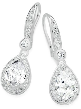 Sterling+Silver+Pear+Cubic+Zirconia+Cluster+Hook+Drop+Earrings