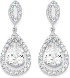 Sterling+Silver+Pear+Cubic+Zirconia+Cluster+On+Open+Marquise+Earrings