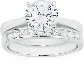 Sterling+Silver+Solitaire+Cubic+Zirconia+With+Cubic+Zirconia+Band+Ring+Set