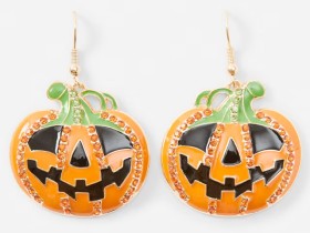 Halloween+Pumpkin+Drop+Earrings+-+Orange%2C+Green%2C+Black+and+Gold+Tone