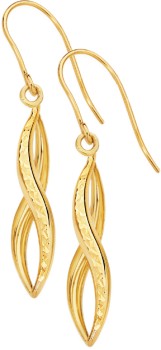 9ct+Gold+Diamond-Cut+Twist+Pointed+Hook+Drop+Earrings