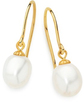 9ct+Gold+Cultured+Fresh+Water+Pearl+Drop+Hook+Earrings