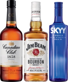 Canadian+Club+Whisky%2C+Jim+Beam+White+Label+Bourbon+or+Skyy+Vodka+700mL