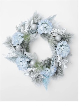 Myer+Giftorium+Luxe+Flocked+Hydrangea%2C+Fern+and+Baubles+Wreath+60cm+in+Blue%2FSilver