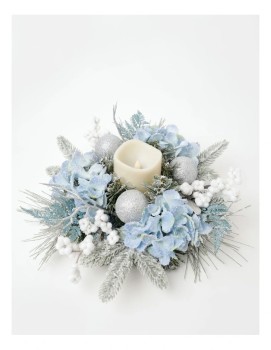 Luxe+Flocked+Hydrangea%2C+Fern+and+Baubles+Hurricane+in+Blue%2FSilver