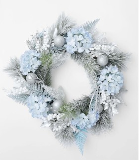 Myer+Giftorium+Luxe+Flocked+Hydrangea%2C+Fern+and+Baubles+Wreath+60cm+in+Blue%2FSilver