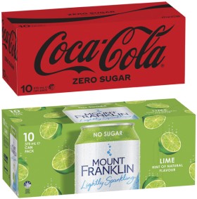 Coca-Cola+Zero+Sugar+Soft+Drink+or+Mt+Franklin+Lightly+Sparkling+Water+10x375mL