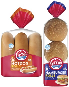 Tip+Top+Hot+Dog+Rolls+6+Pack+450g+or+Hamburger+Rolls+6+Pack+520g