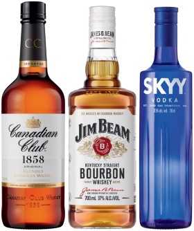 Canadian-Club-Whisky-Jim-Beam-White-Label-Bourbon-or-Skyy-Vodka-700mL on sale