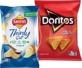 Smith%26rsquo%3Bs+Thinly+Cut+Chips+175g+or+Doritos+Corn+Chips+150%E2%80%91170g+Selected+Varieties