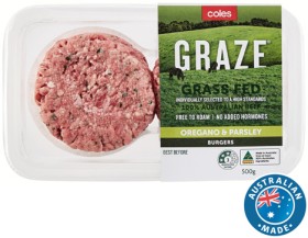 Coles+GRAZE+Grass+Fed+Beef+Burgers+with+Oregano+%26amp%3B+Fresh+Parsley+500g