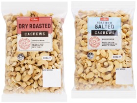 Coles+Dry+Roasted%2C+Natural%2C+Honey+or+Roasted+%26amp%3B+Salted+Cashews+400g+Pack