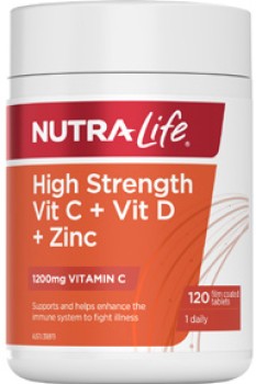 Nutra-Life+High+Strength+Vit+C+%2B+Vit+D+%2B+Zinc+120+Tablets