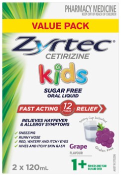 NEW-Zyrtec-Kids-Allergy-Hayfever-Relief-Grape-Flavour-Value-Pack-2-x-120mL on sale