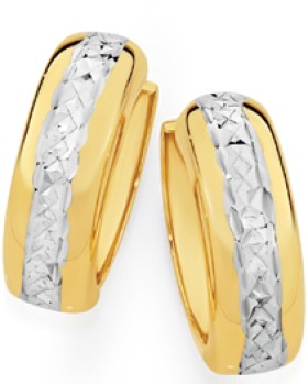 9ct+Gold+Two+Tone+Diamond-Cut+Huggie+Earrings