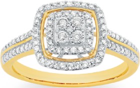 9ct+Gold+Diamond+Cushion+Halo+Cluster+Ring