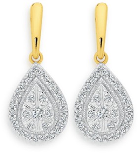 9ct+Gold+Diamond+Pear+Cluster+Earrings