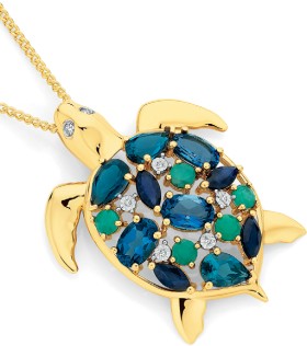 9ct+Gold+Multi+Gemstone+%26amp%3B+Diamond+Turtle+Pendant