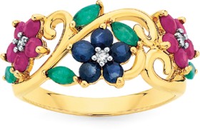 9ct+Gold+Natural+Sapphire%2C+Ruby%2C+Emerald+%26amp%3B+Diamond+Ring