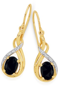 9ct+Gold+Natural+Sapphire+%26amp%3B+Diamond+Hook+Earrings