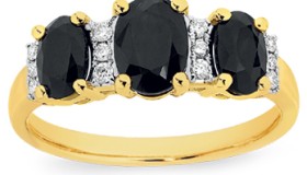 9ct-Gold-Black-Sapphire-10ct-Diamond-Trilogy-Ring on sale