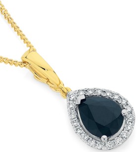 9ct+Gold+Black+Sapphire+%26amp%3B+Diamond+Pear+Halo+Pendant