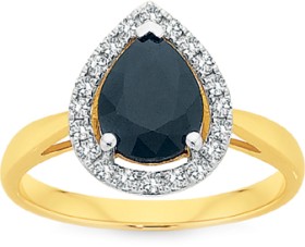 9ct+Gold+Black+Sapphire+%26amp%3B+Diamond+Pear+Halo+Ring