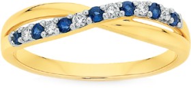 9ct+Gold+Natural+Sapphire+%26amp%3B+.10ct+Diamond+Crossover+Ring